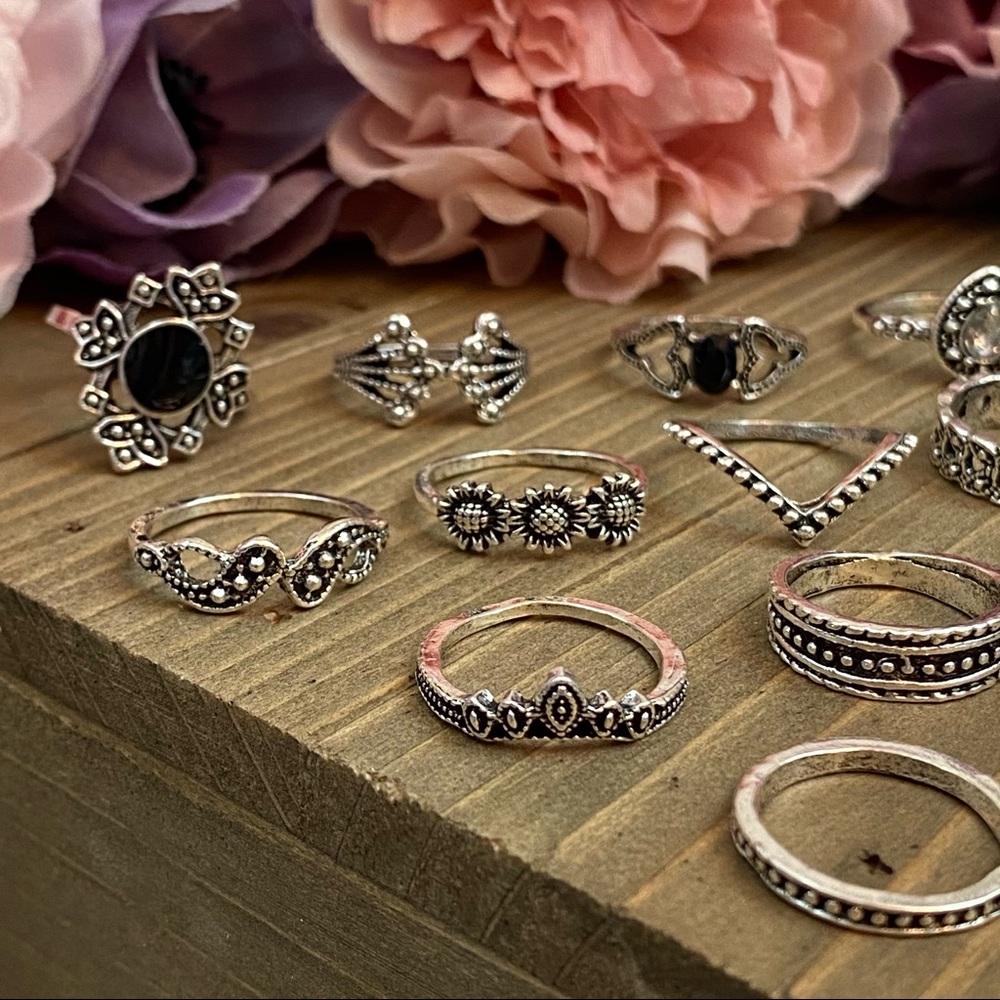 15 Pcs Boho Retro Vintage Crystal Gem Ring Set - Picture 10 of 16